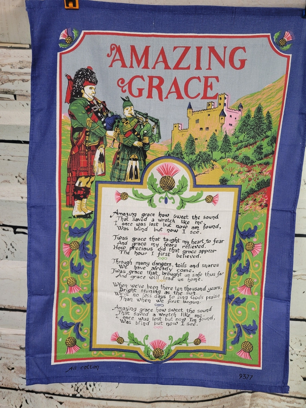 Vintage Amazing Grace Scottish Bagpipes 100% Cotton Tea Towel Hymn Kitchen Towel